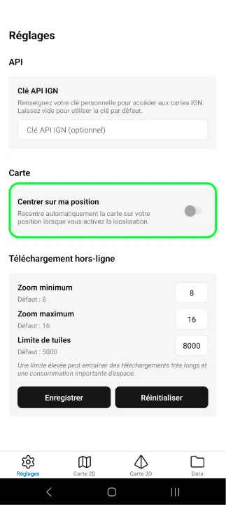 Toggle centrage automatique