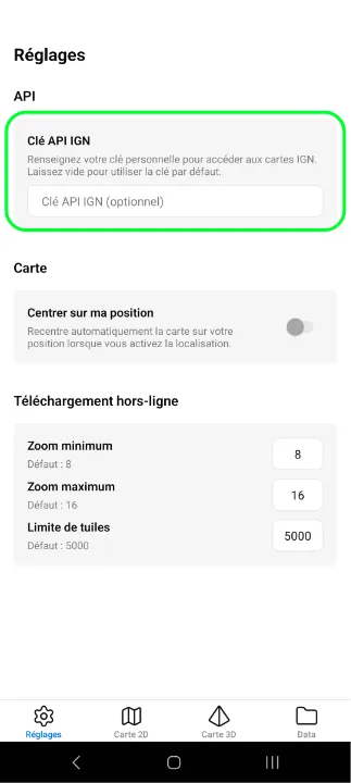 Saisie de la clé dans les réglages