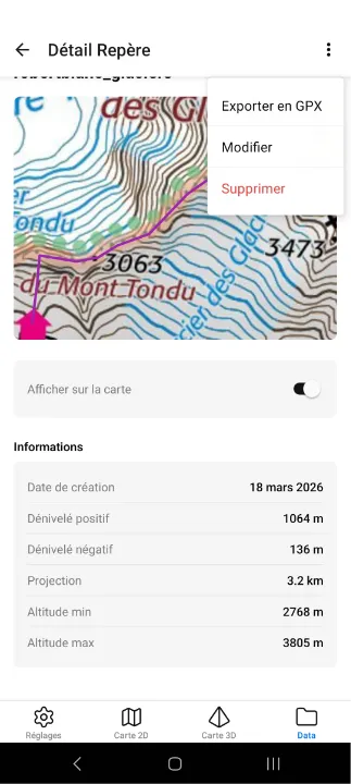Menu d'actions du repère