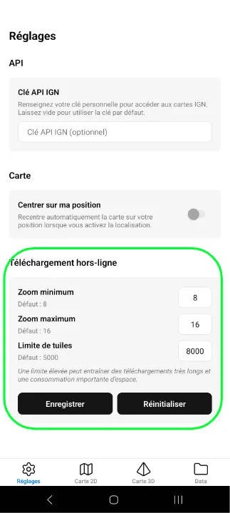 Réglages des zones hors-ligne