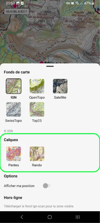 Overlays actifs sur la carte
