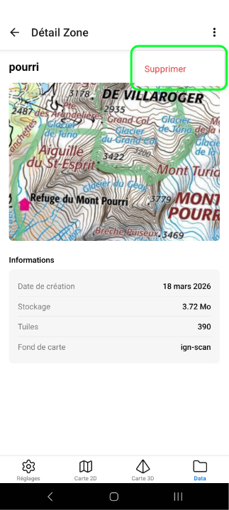 Vue détail du menu zone hors-ligne